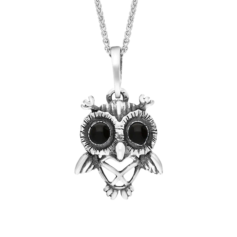 Sterling Silver Whitby Jet Small Owl Necklace