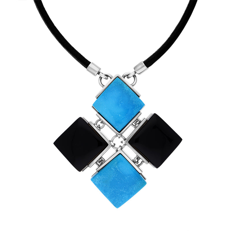 Sterling Silver Whitby Jet Turquoise Mosaic Leather Necklace D
