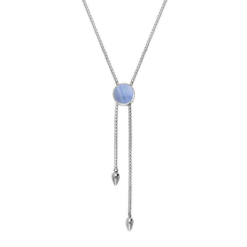 Sterling Silver Blue Lace Agate Lineaire Round Stone Adjustable Necklace
