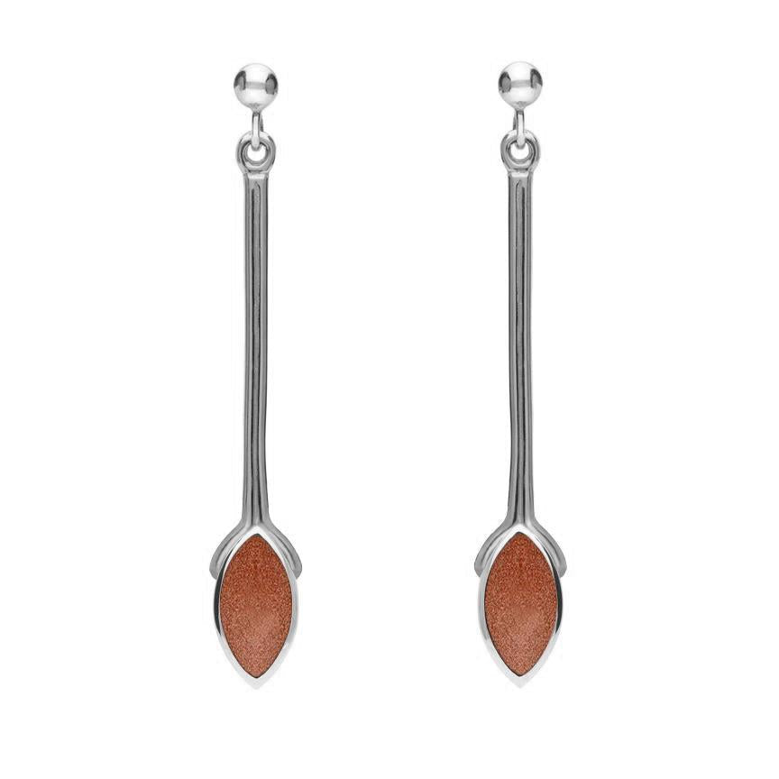 Sterling Silver Brown Goldstone Long Marquise Drop Earrings