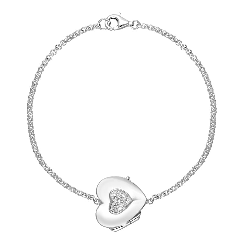 Sterling Silver Cubic Zirconia Heart Keepsake Locket Bracelet