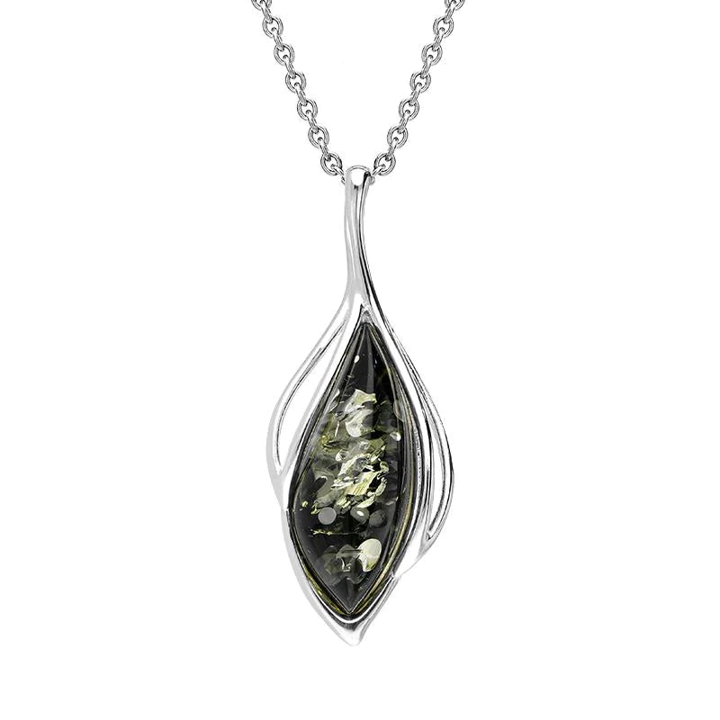 Sterling Silver Green Amber Open Marquise Shaped Necklace