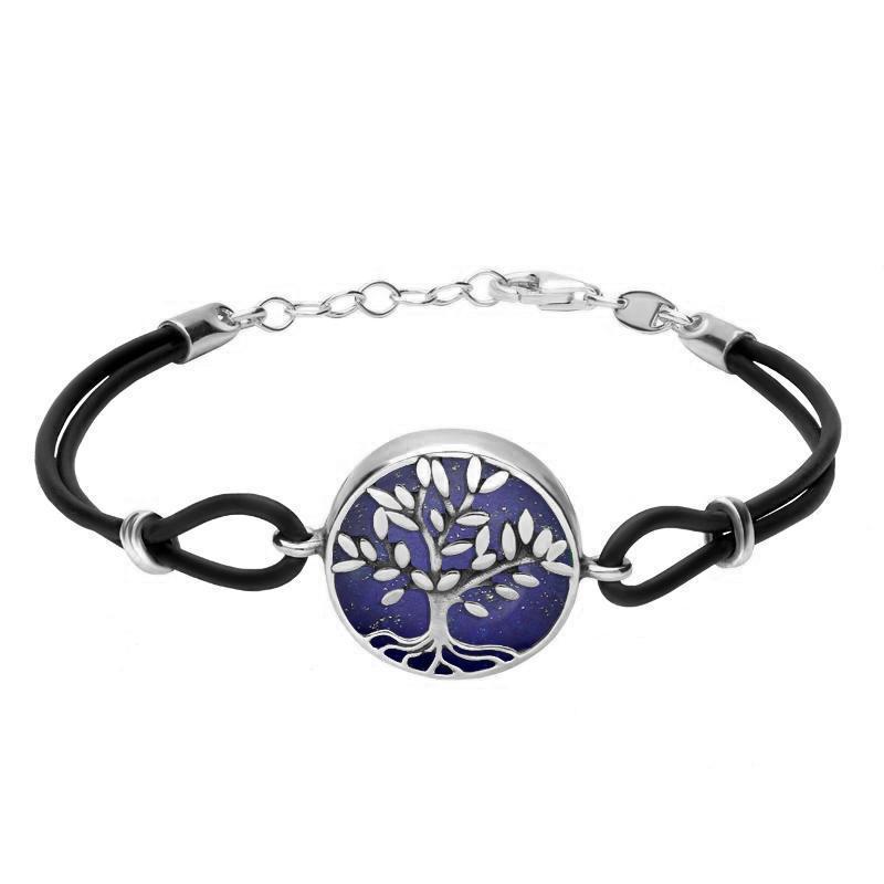 Sterling Silver Lapis Lazuli Cord Round Large Leaves Tree Of Life Bracelet