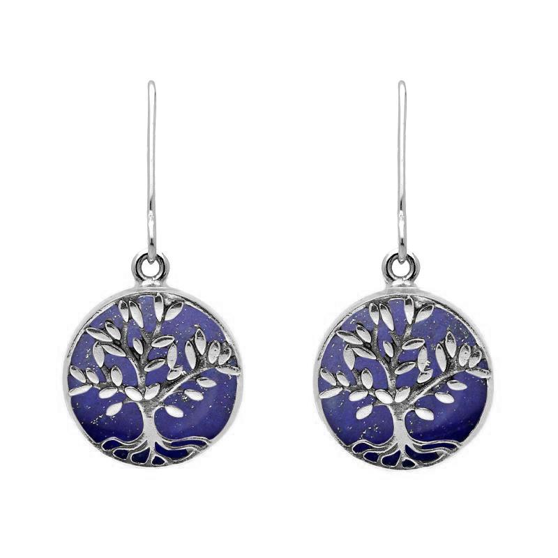 Sterling Silver Lapis Lazuli Round Large Tree of Life Leaves Drop Earrings