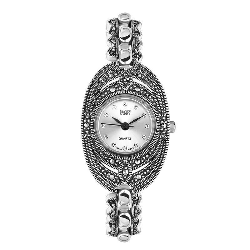 Sterling Silver Marcasite Oval Bracelet Watch