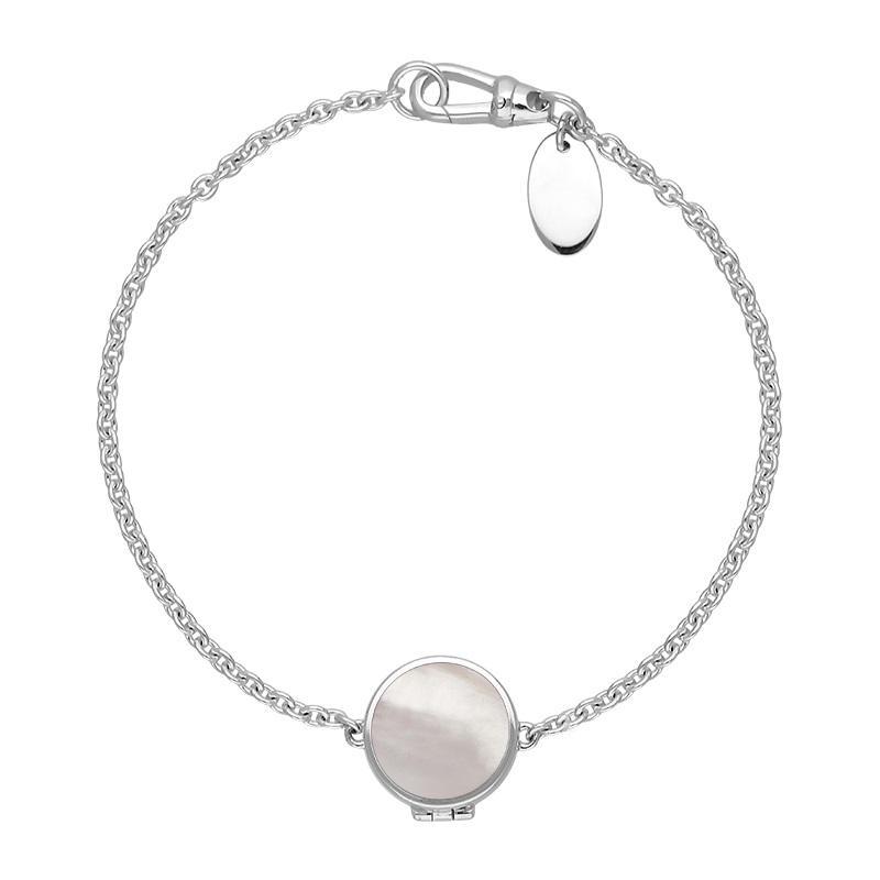 Sterling Silver Mother of Pearl Round Locket Chain Bracelet