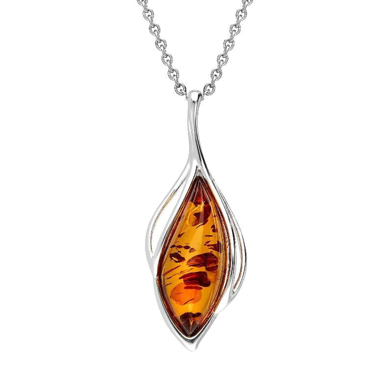 Sterling Silver Orange Amber Open Marquise Shaped Necklace