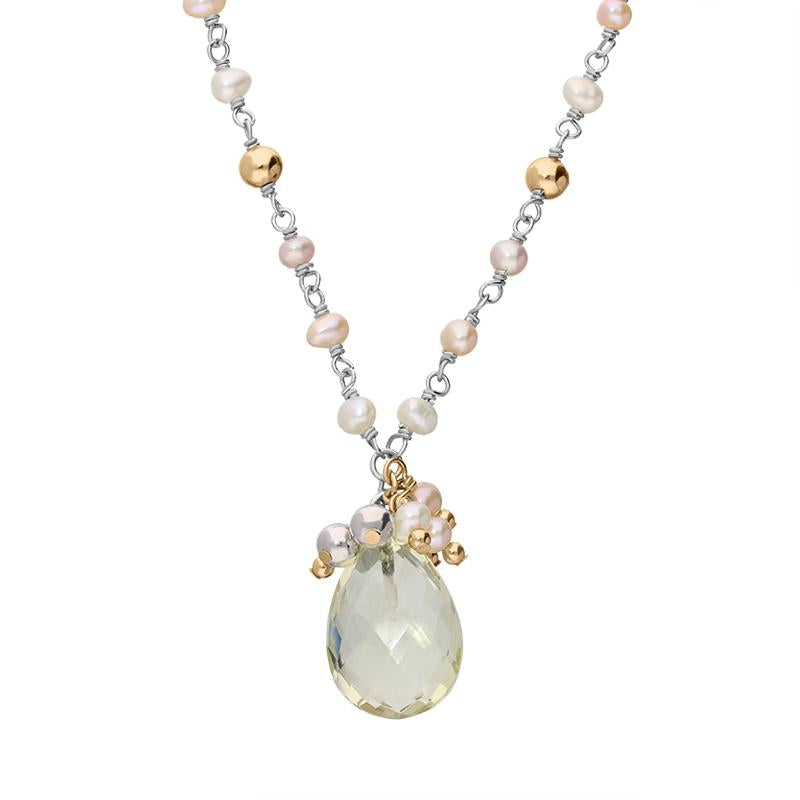 Sterling Silver Rose Gold Plated Oval Quartz Beaded Drop Necklace