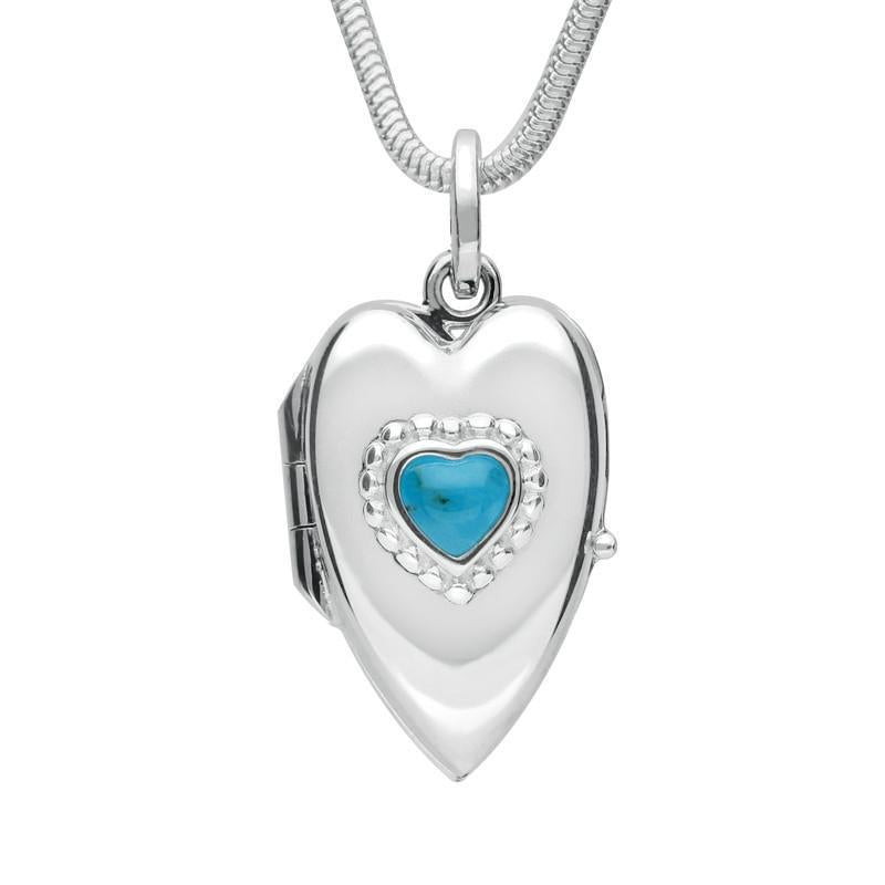 Sterling Silver Turquoise Beaded Edge Heart Locket Necklace