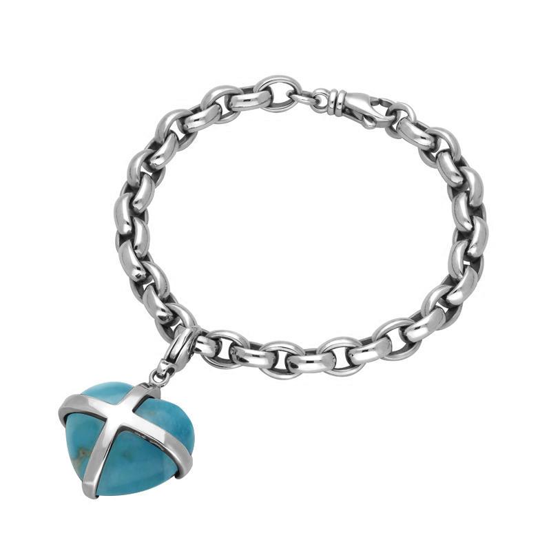 Sterling Silver Turquoise Cross Heart Link Charm Bracelet