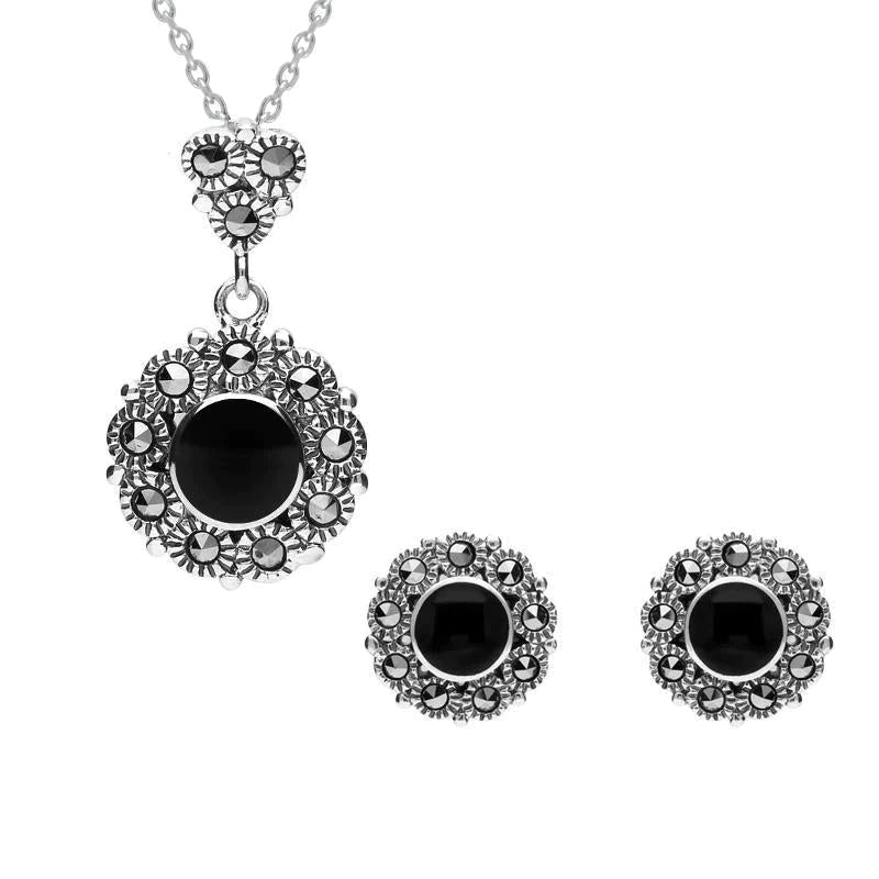 Sterling Silver Whitby Jet Marcasite Round Beaded Two Piece Set