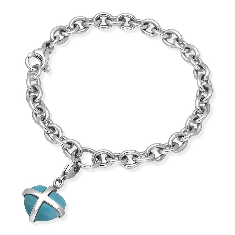 Sterling Silver Turquoise Small Cross Heart Charm Bracelet D