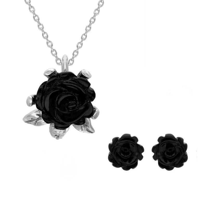 Sterling Silver Whitby Jet Tuberose Rose Leaf Two Piece Set