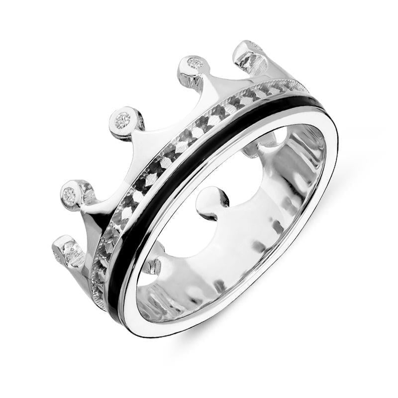 Sterling Silver Whitby Jet Diamond Tiara Patterned Band Ring
