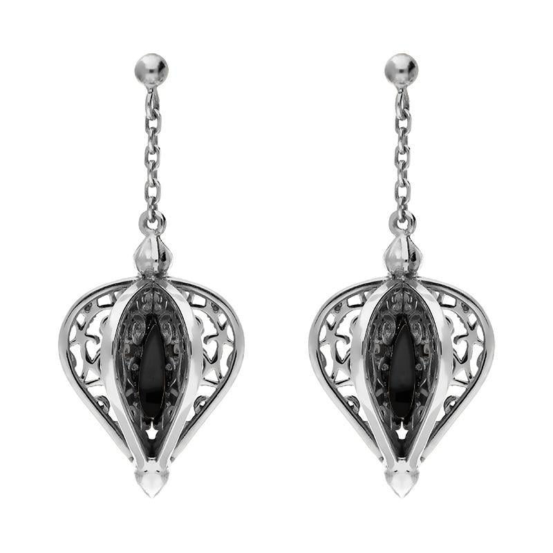 Sterling Silver Whitby Jet Flore Filigree Drop Earrings