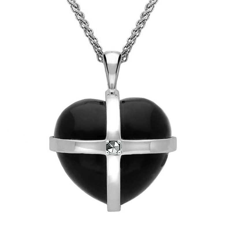 Sterling Silver Whitby Jet Marcasite Medium Cross Heart Necklace