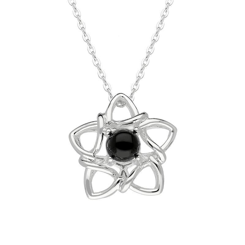 Sterling Silver Whitby Jet Open Star Flower Necklace