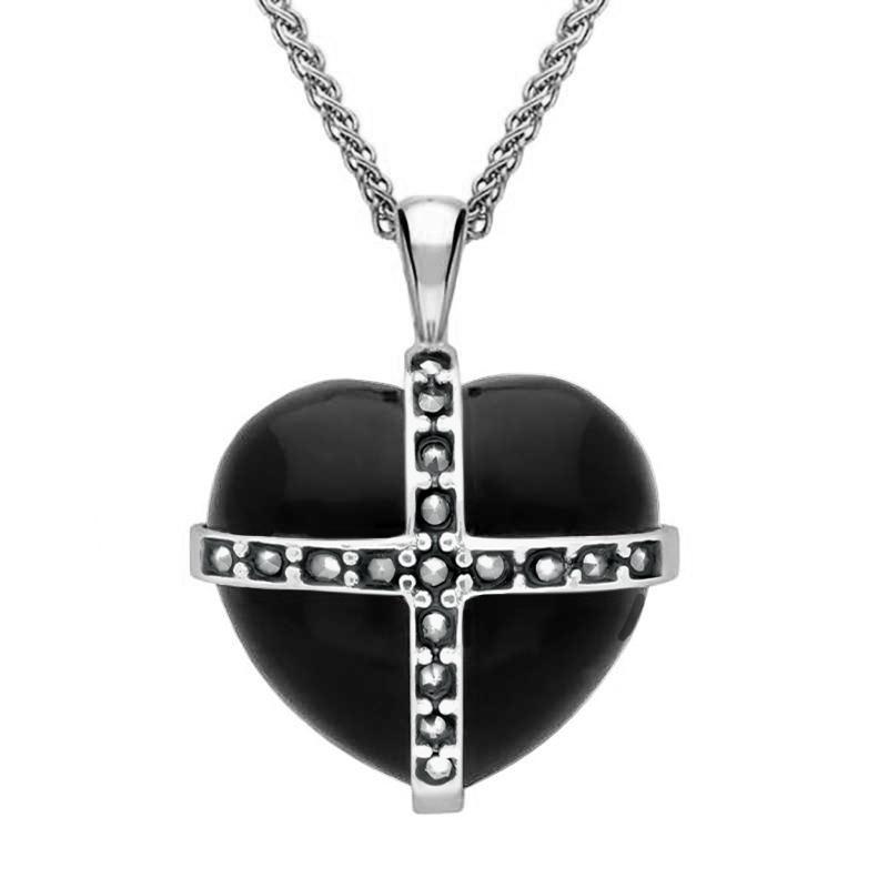 Sterling Silver Whitby Jet Seventeen Marcasite Medium Cross Heart Necklace