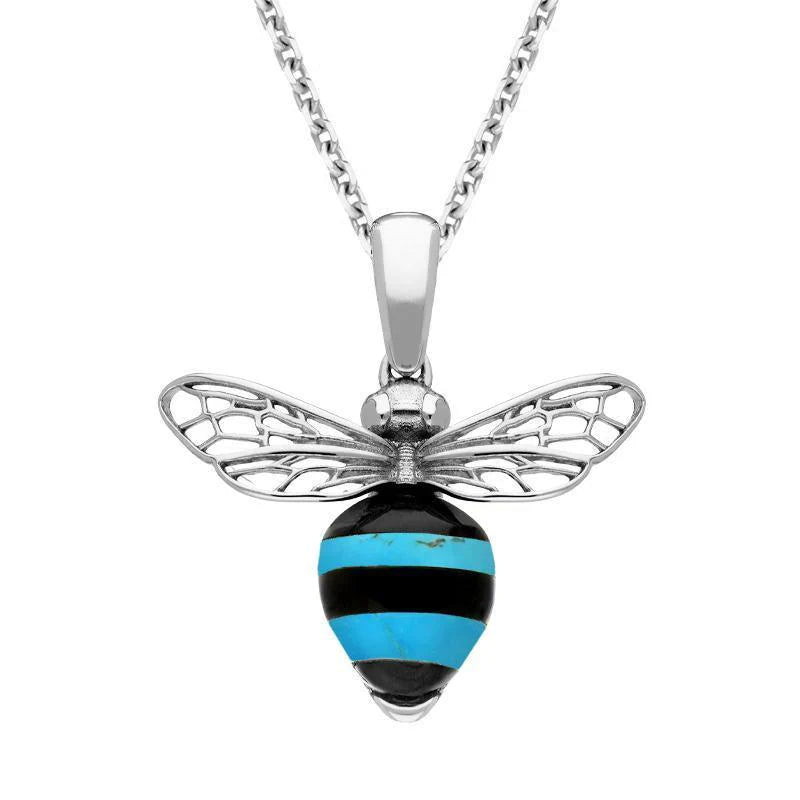 Sterling Silver Whitby Jet Turquoise Winged Bee Necklace