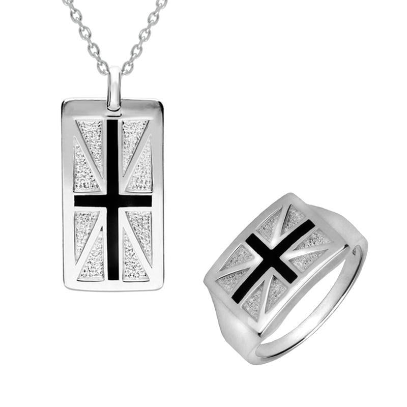 Sterling Silver Whitby Jet Union Jack Two Piece Set