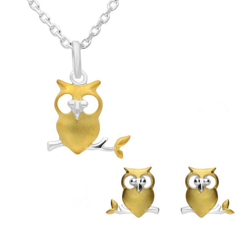 Yellow Gold Plated Sterling Silver Owl Branch Two Piece Set
