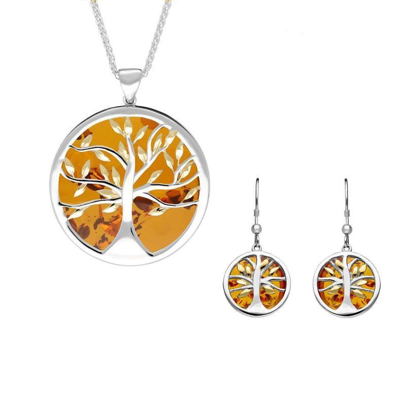 Sterling Silver Yellow Gold Plated Amber Large Round Tree of Life Two Piece Set