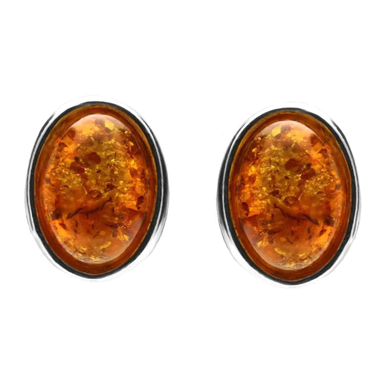 Sterling Silver Amber Framed Oval Stud Earrings