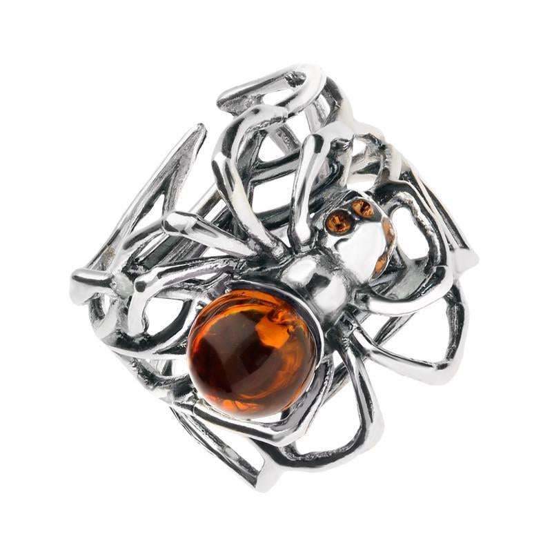 Sterling Silver Amber Spider Web Style Ring