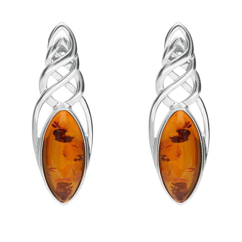 Sterling Silver Baltic Amber Celtic Long Marquise Stud Earrings