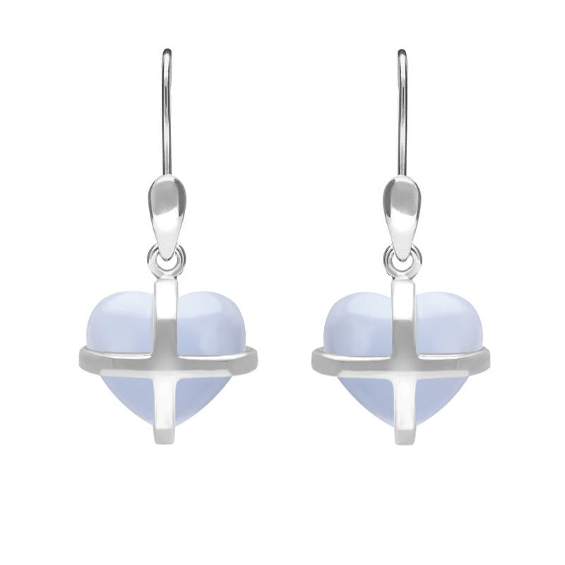 Sterling Silver Blue Chalcedony Small Cross Heart Drop Earrings