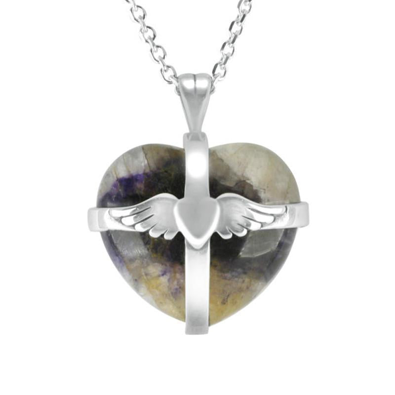 Sterling Silver Blue John Medium Winged Cross Heart Necklace D