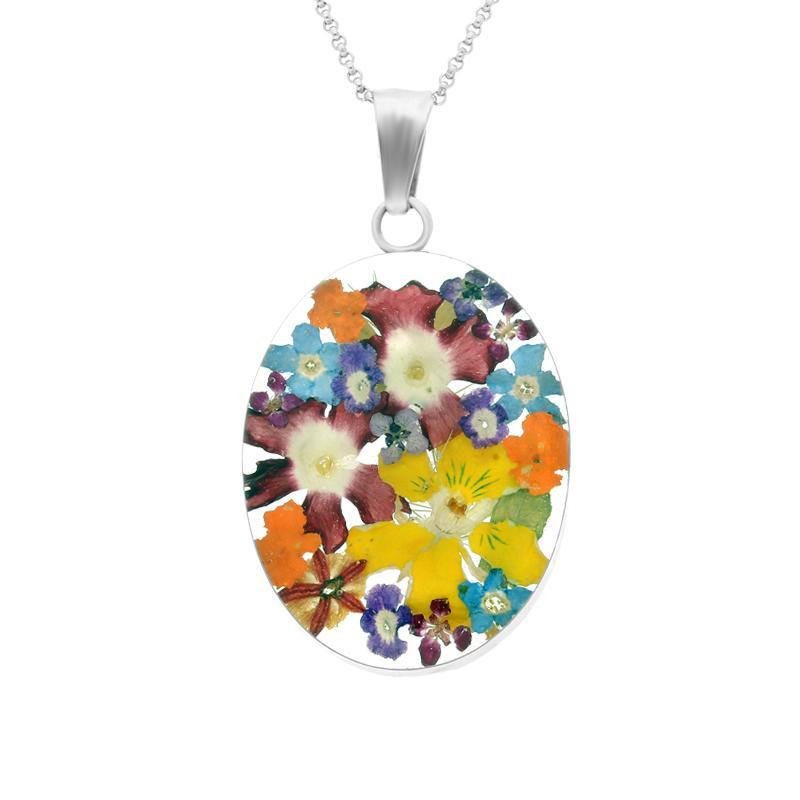 Sterling Silver Floral Bright Petal Large Oval Necklace