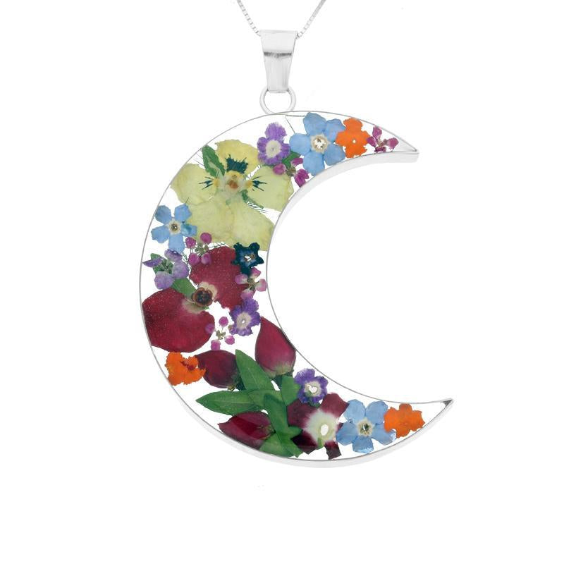 Sterling Silver Floral Mixed Petal Large Crescent Necklace