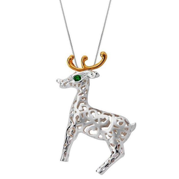 Sterling Silver Green Zirconia Large Reindeer Necklace