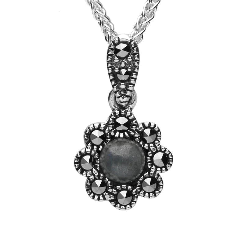 Sterling Silver Hematite Marcasite Rounded Bead Edge Necklace