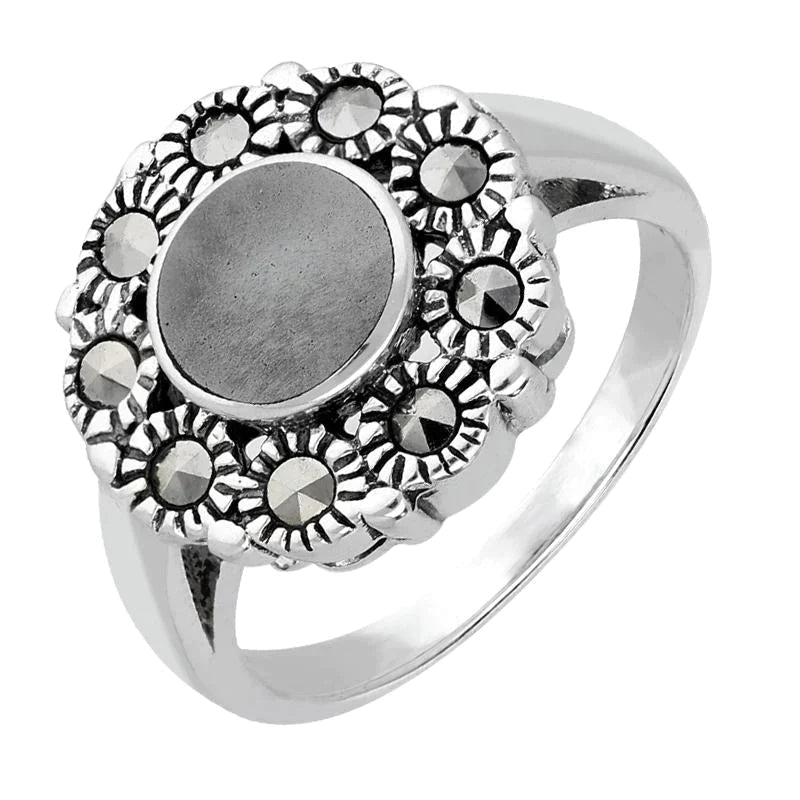 Sterling Silver Hematite Vintage Round Centre Marcasite Ring