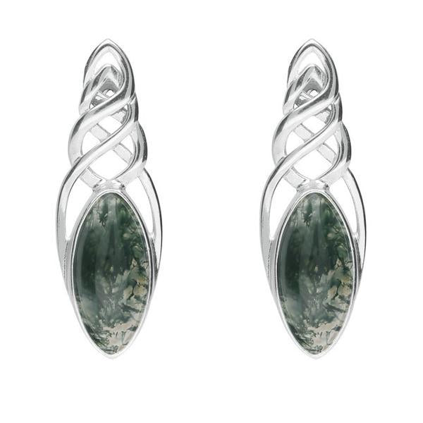 Sterling Silver Moss Agate Celtic Long Marquise Stud Earrings