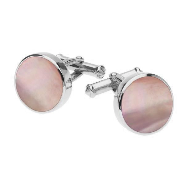 Sterling Silver Pink Mother Of Pearl Round Shape Cufflinks