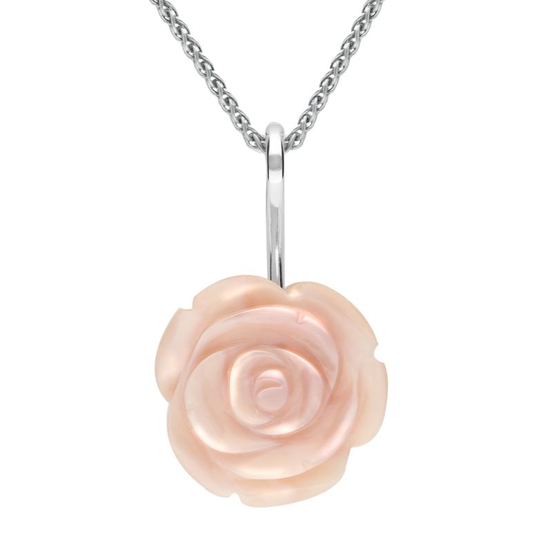 Sterling Silver Pink Mother of Pearl Tuberose 20mm Rose Necklace