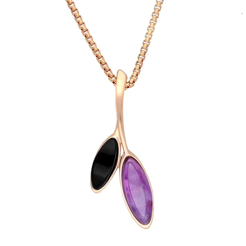 Rose Gold Plated Sterling Silver Whitby Jet Amethyst Leaf Drop Necklace