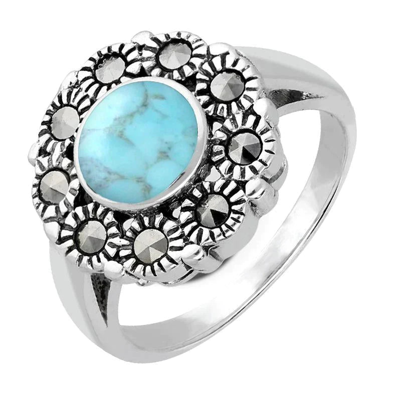 Sterling Silver Turquoise Vintage Round Centre Marcasite Ring