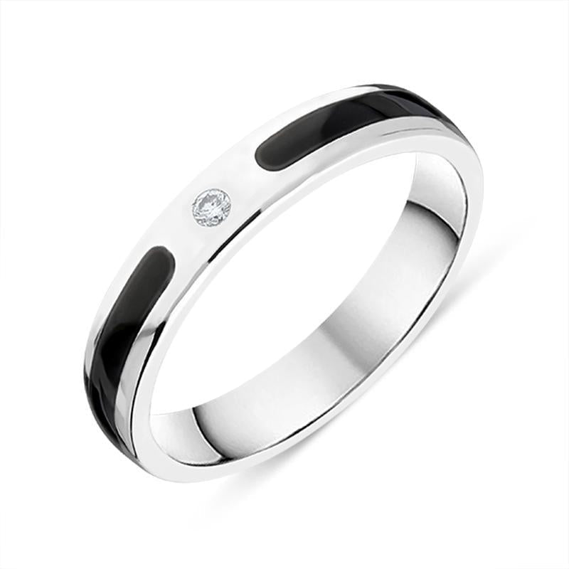 Sterling Silver Whitby Jet Diamond 4mm Patterned Wedding Band Ring