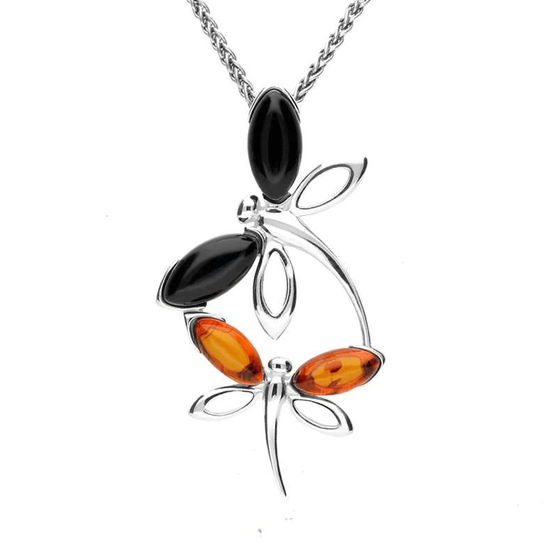Sterling Silver Whitby Jet Amber Double Dragonfly Necklace