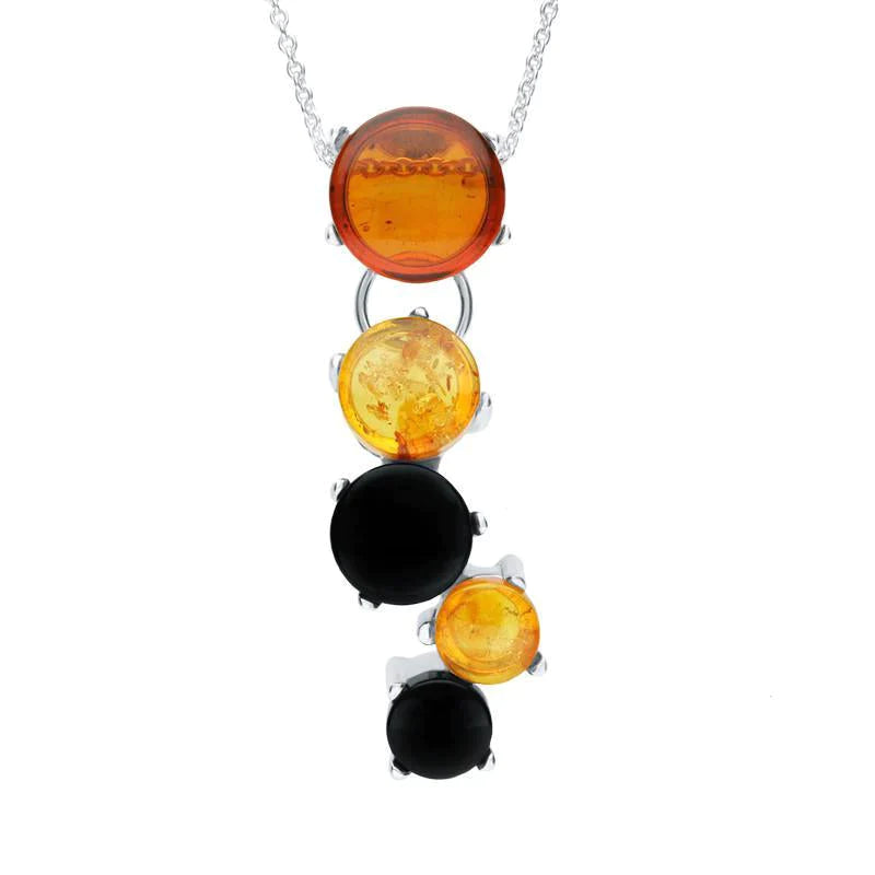 Sterling Silver Whitby Jet Amber Five Stone Graduated Cascade Necklace D