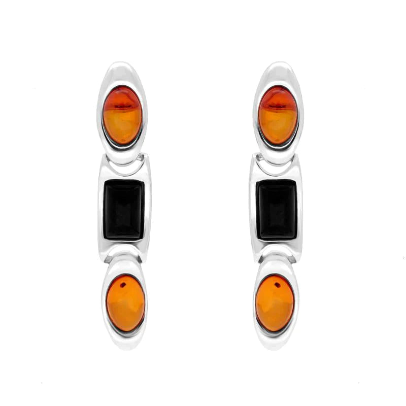 Sterling Silver Whitby Jet Amber Oval And Rectangle Earrings