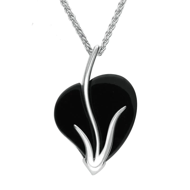 Sterling Silver Whitby Jet Art Nouveau Style Heart Necklace