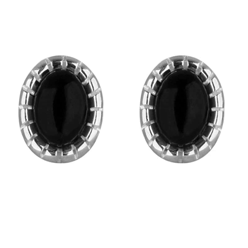 Sterling Silver Whitby Jet Bead Edge Stud Earrings