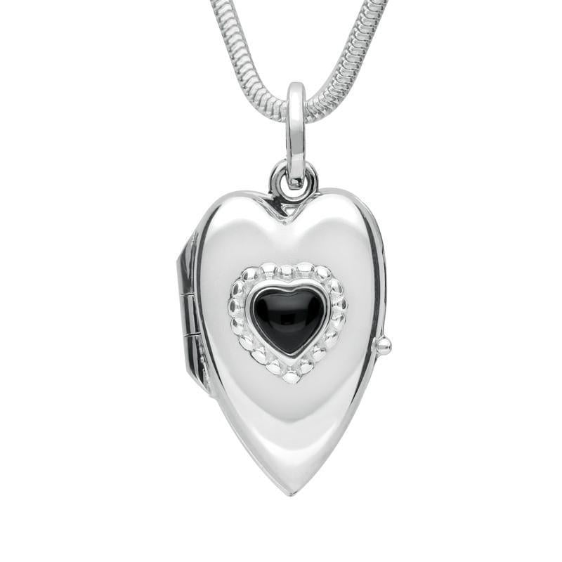 Sterling Silver Whitby Jet Beaded Edge Heart Locket Necklace