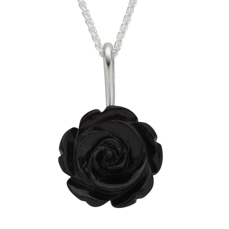 Sterling Silver Whitby Jet Tuberose 18mm Rose Necklace