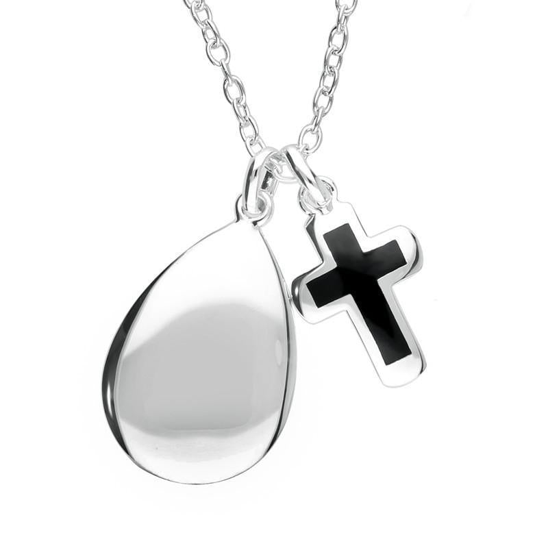 Sterling Silver Whitby Jet Cross and Pear Pendant Necklace